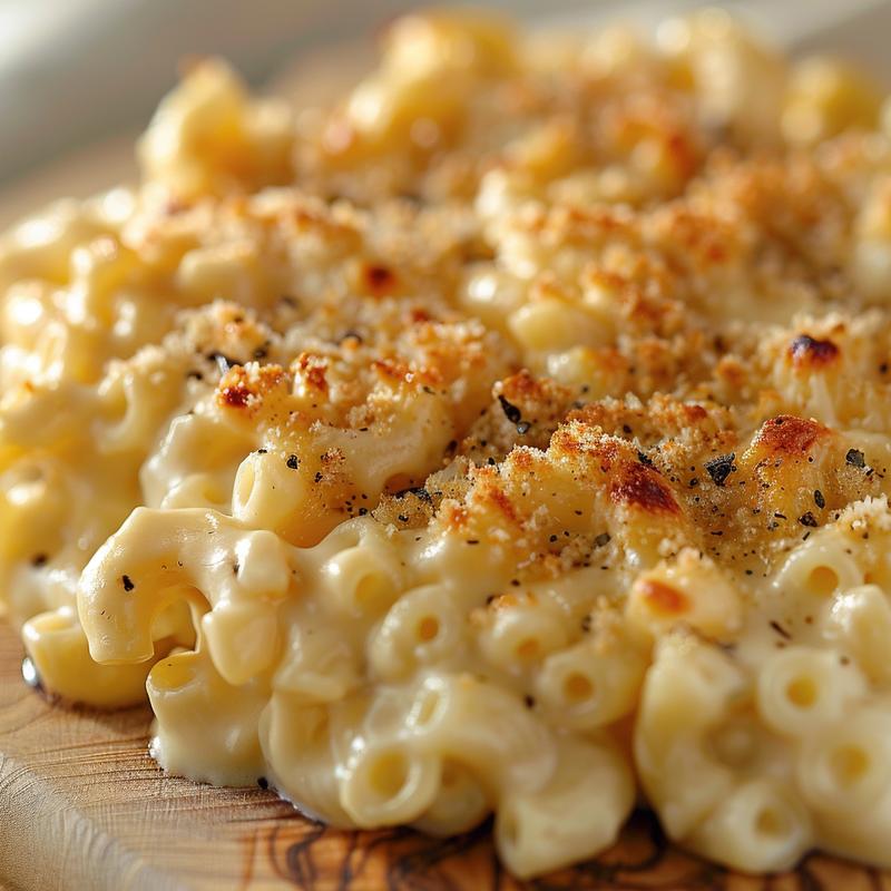 A close-up view of creamy baked mac and cheese on a light wood board.