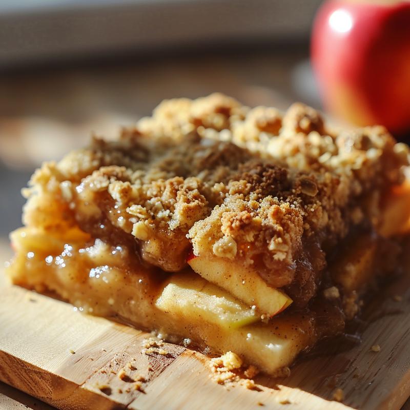 A close-up of a golden-brown apple crisp portion on a light wooden board.