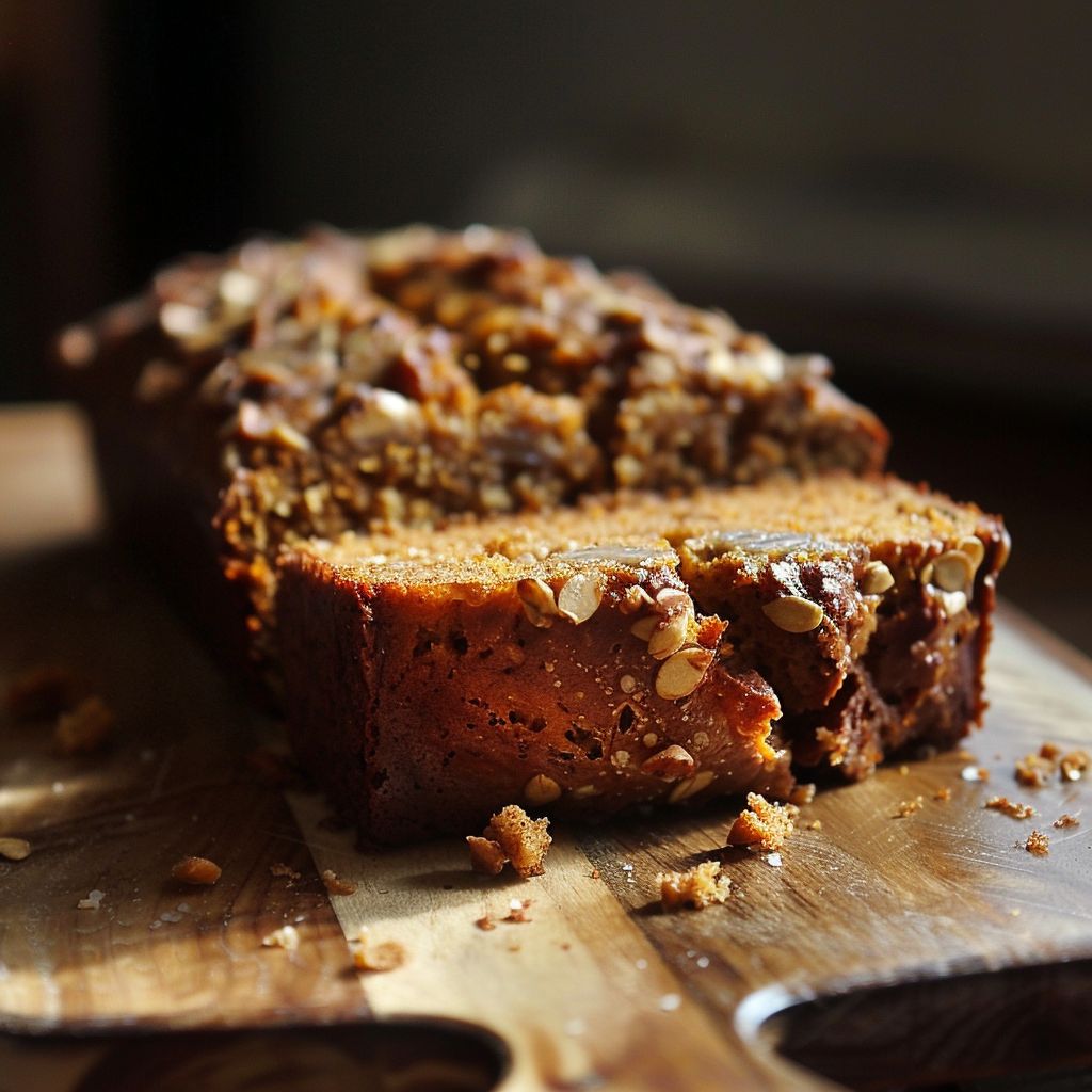 A freshly baked pumpkin bread topped with a crunchy streusel, placed on a wooden cutting board.