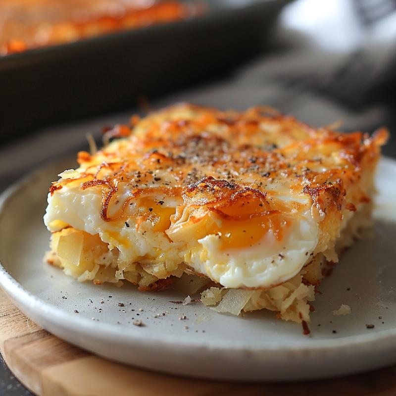 Extreme close-up of a delicious portion of crockpot breakfast casserole on a grey plate.