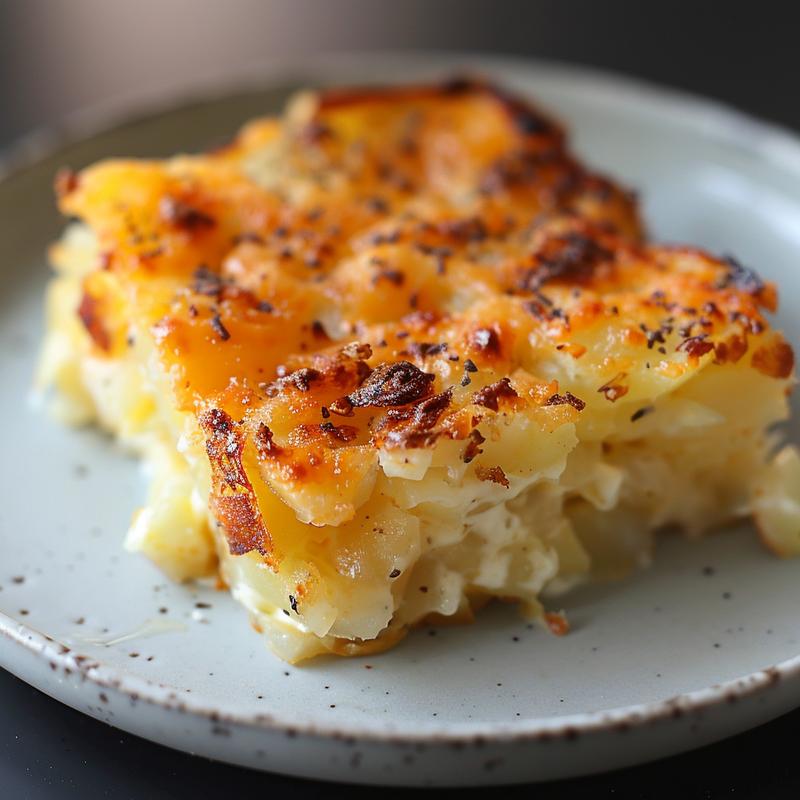 Close-up of a delicious portion of hash brown breakfast casserole on a light grey ceramic plate.