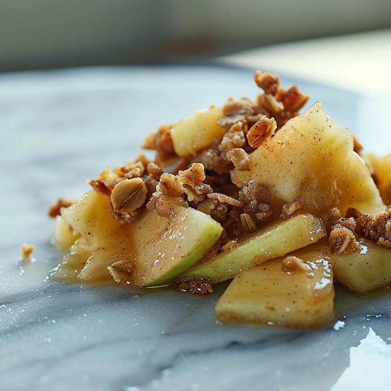 Close-up view of apple crisp topping with a golden-brown texture on a white marble surface.
