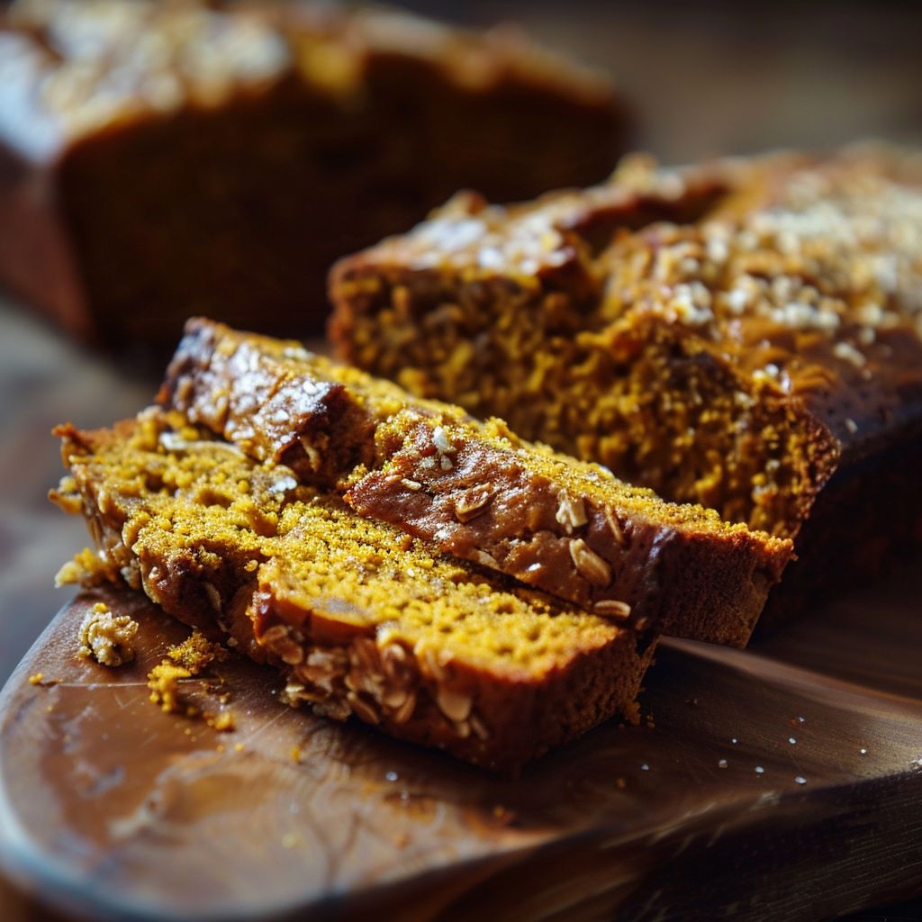 A slice of pumpkin bread topped with streusel on a rustic wooden table.