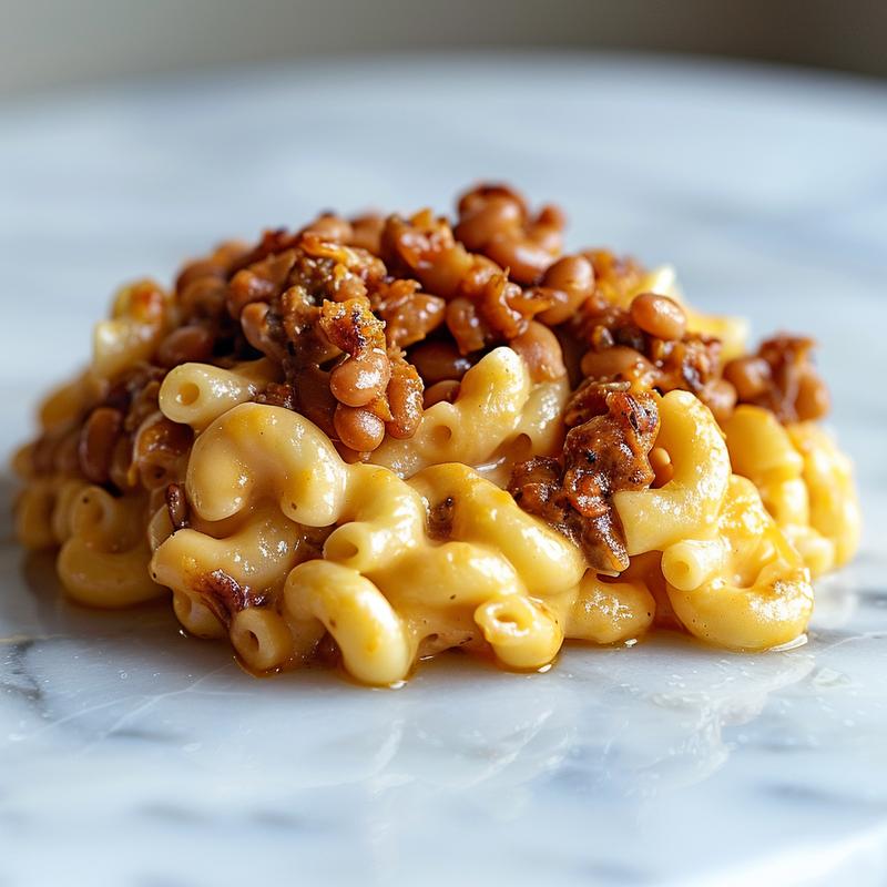Close-up of a creamy mac and cheese with baked beans on a marble surface.