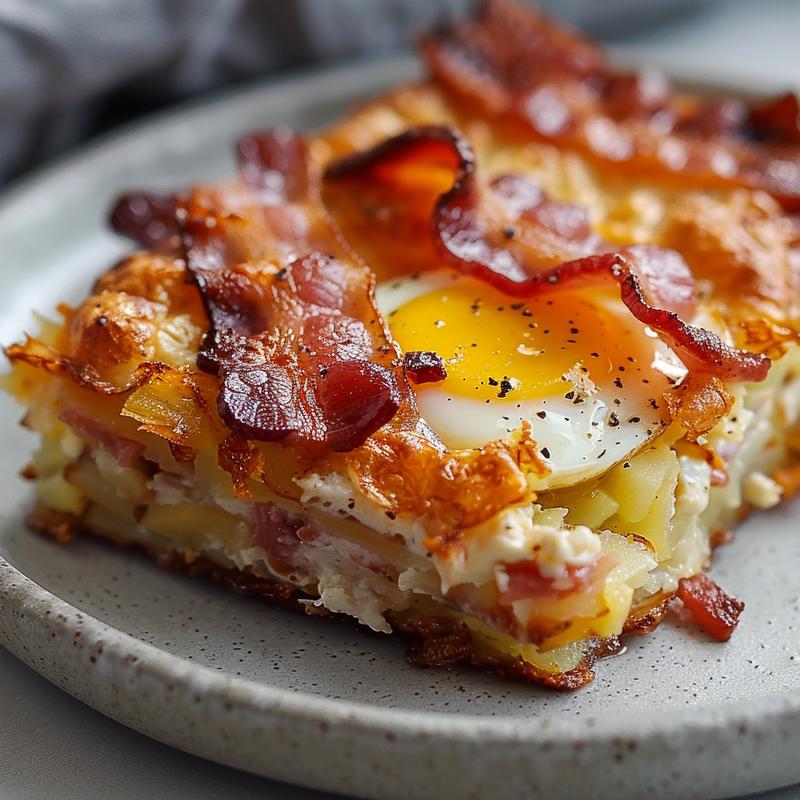 Close-up view of a portion of bacon, egg, and hashbrown casserole on a light grey plate.