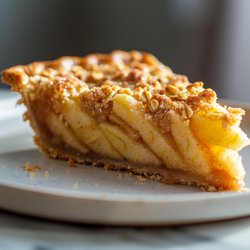 Close-up of a slice of apple crisp pie on a white marble surface, showcasing its crispy topping and apple filling.