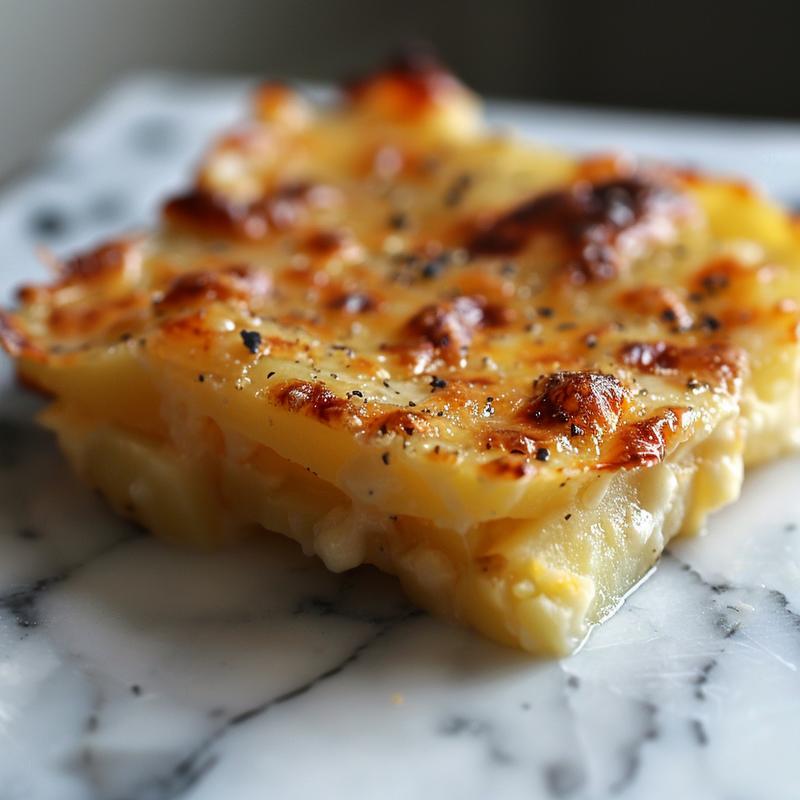 Close-up of creamy potatoes au gratin with melted cheese on top, set on a white marble surface.
