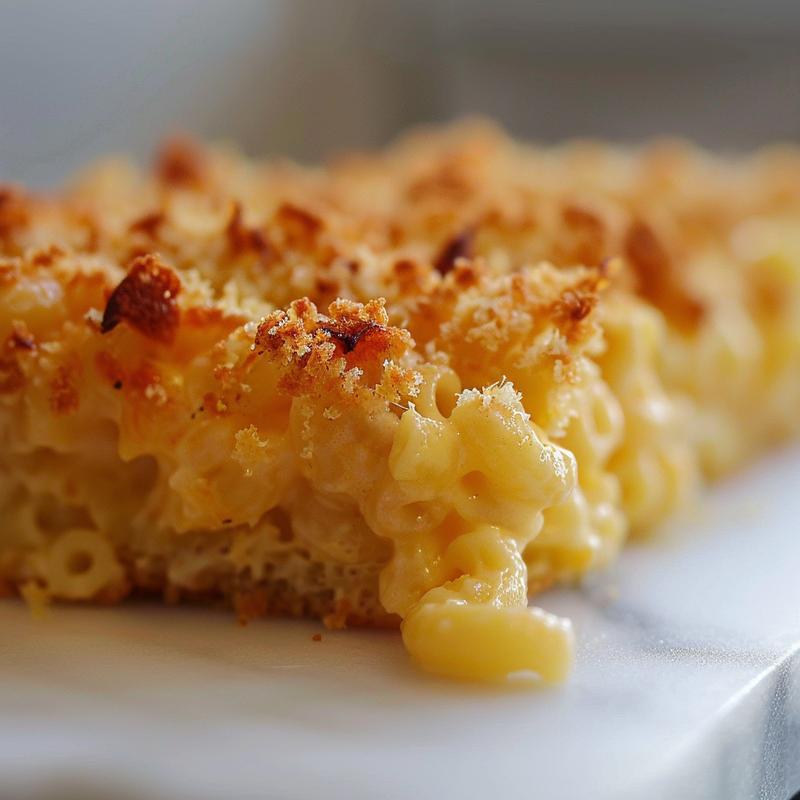 A close-up of a creamy portion of baked macaroni and cheese on a white marble surface.