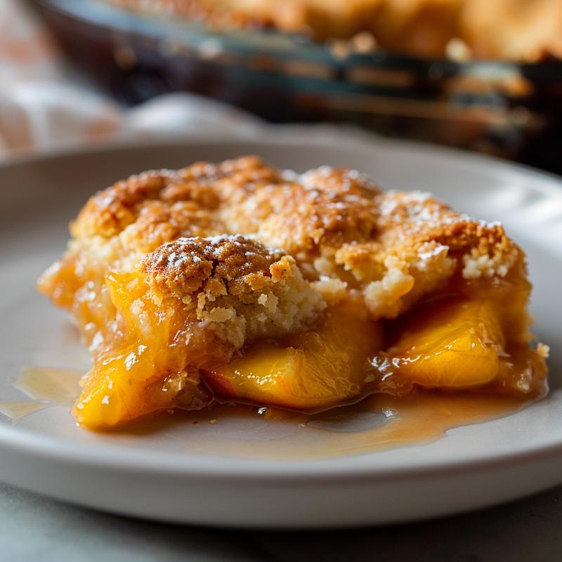 A close-up view of a delicious slice of southern peach cobbler on a light grey ceramic plate.