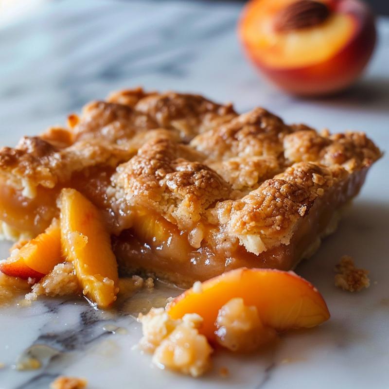 Close-up of a slice of peach cobbler on a marble surface, showcasing golden crust and juicy peach filling.