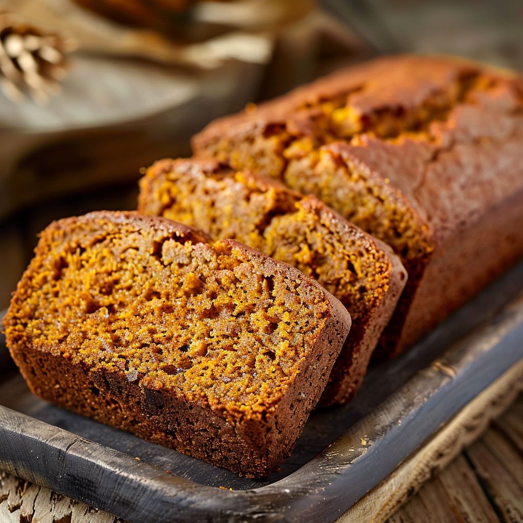 A freshly baked pumpkin bread loaf with a golden-brown streusel topping, displayed on a rustic wooden table.