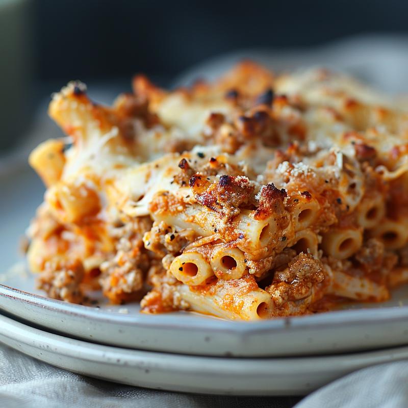 Close-up of a serving of baked ziti on a light grey plate.