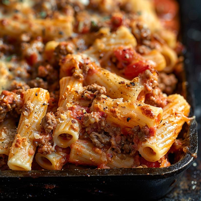 Close-up of baked ziti with ground beef and ricotta in a rustic cast iron dish.
