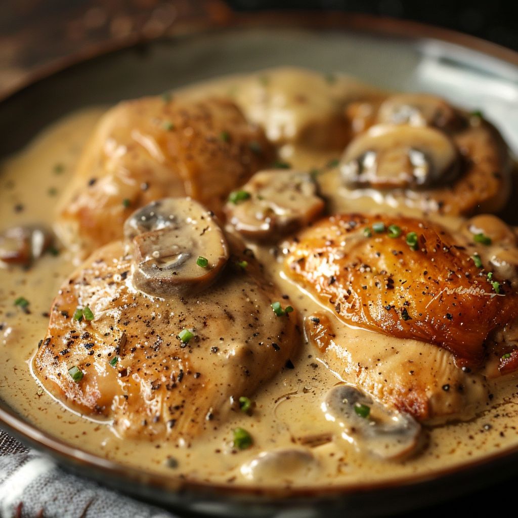 A plate of creamy mushroom chicken garnished with herbs, surrounded by colorful vegetables.