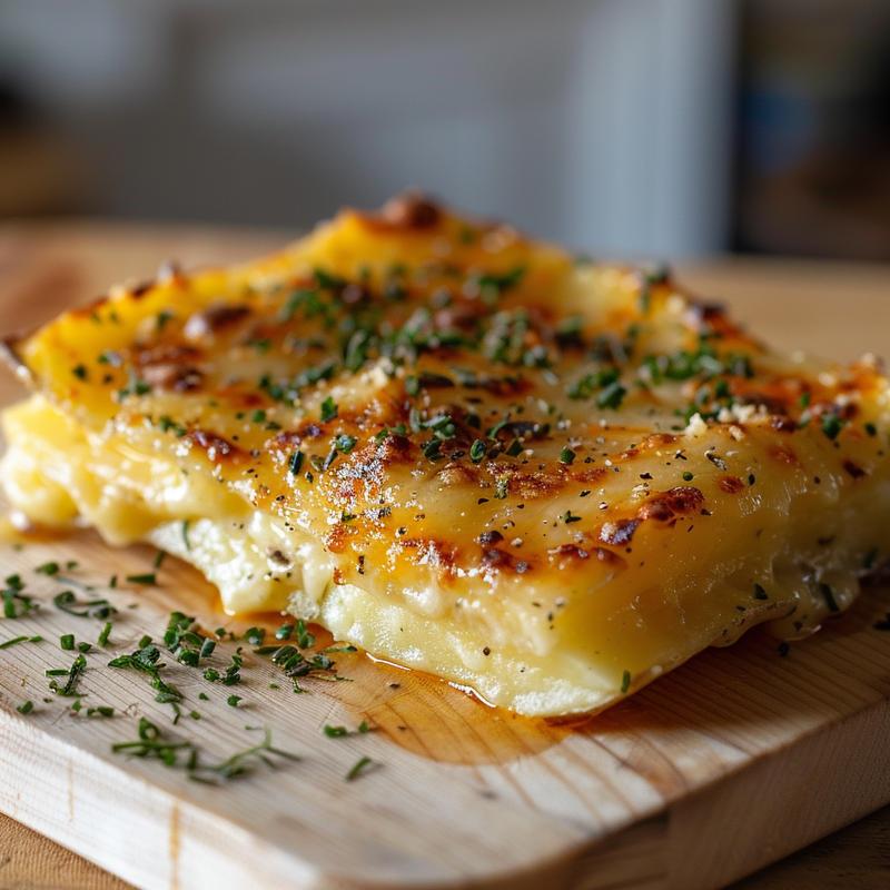 Close-up view of creamy cheesy potatoes au gratin on a light wood board.
