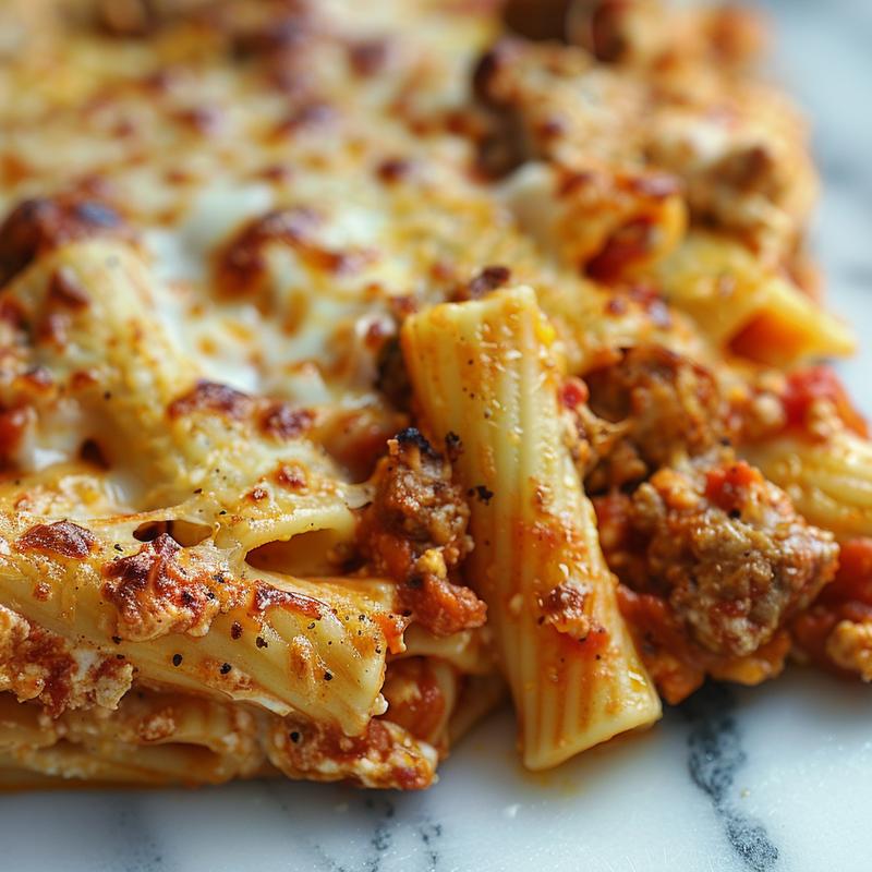A close-up view of a warm, cheesy portion of baked ziti without ricotta on a white marble surface.