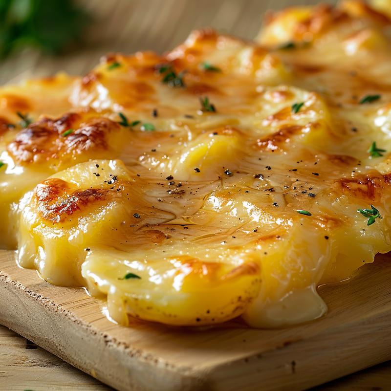Close-up view of creamy au gratin potatoes topped with melted cheese on a light wooden board.