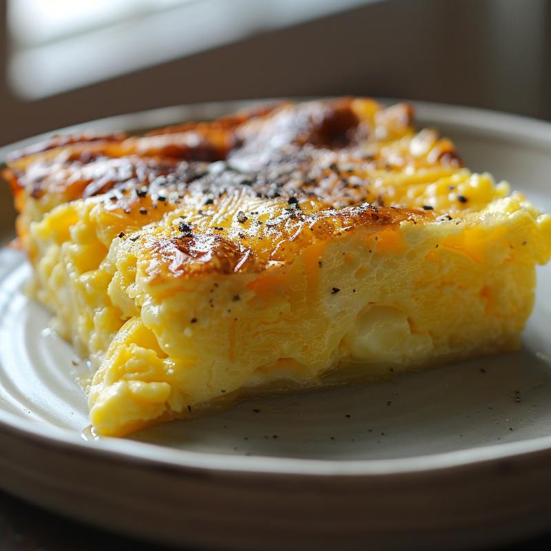 Close-up of a slice of French toast bake on a light grey ceramic plate.