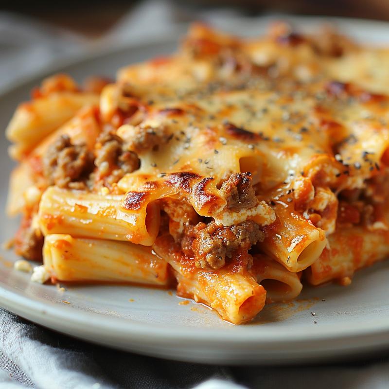 Close-up of a serving of meatless baked ziti topped with ricotta, on a light grey ceramic plate.