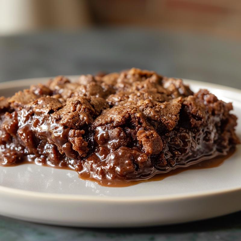 Close-up of a rich, gooey portion of Southern chocolate cobbler on a light grey ceramic plate.