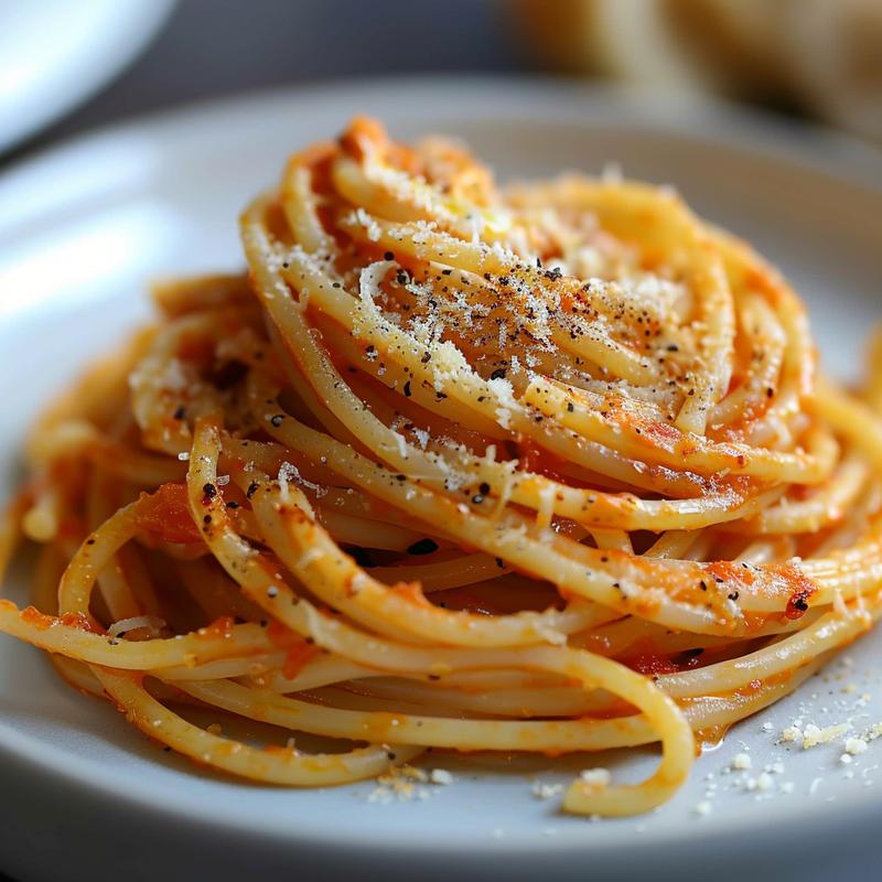 Close-up of a delicious portion of baked spaghetti on a light grey ceramic plate.