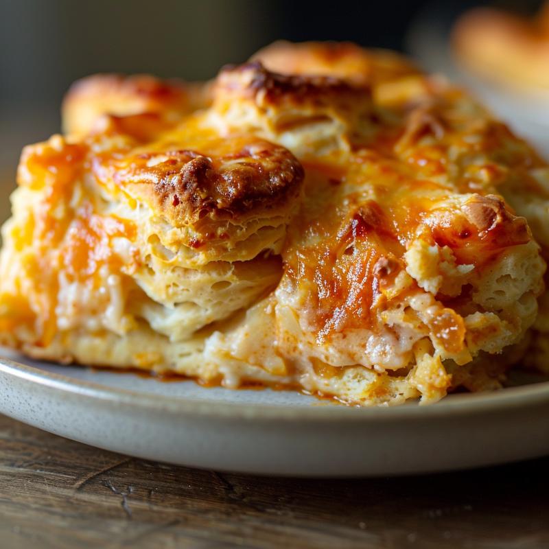 Close-up view of a delicious portion of biscuits casserole on a light grey plate.