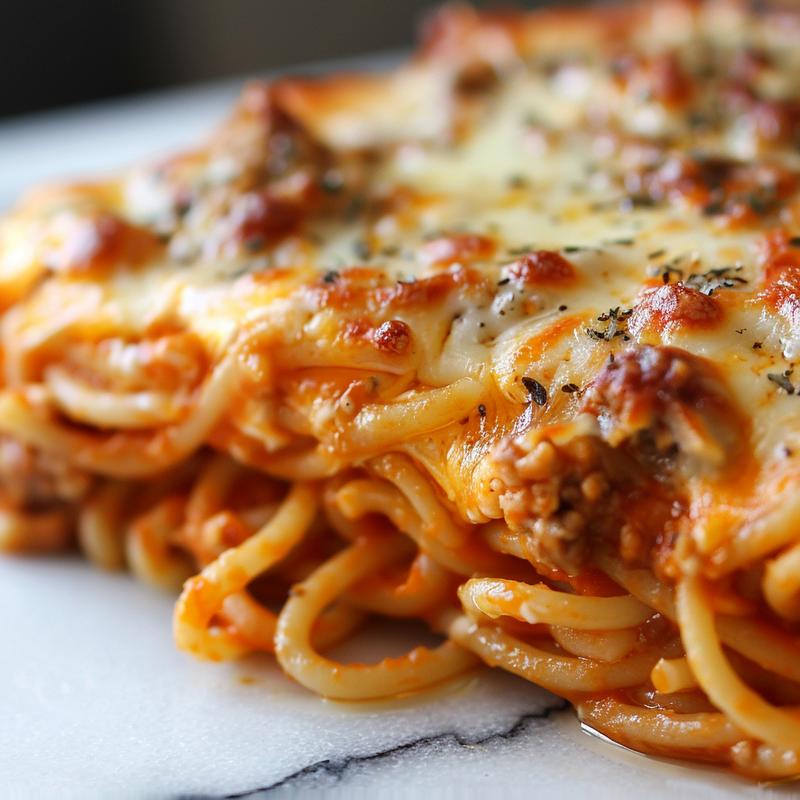 A decadent serving of baked cream cheese spaghetti casserole on a white marble surface, showcasing its creamy texture and cheese layers.