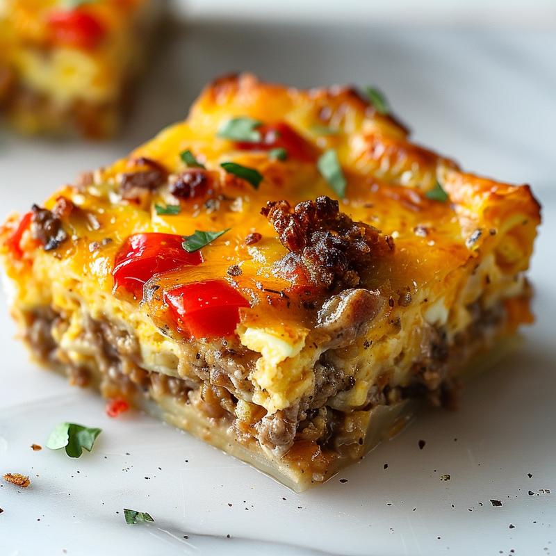 An extreme close-up of a delicious portion of an overnight breakfast casserole on a white marble surface.