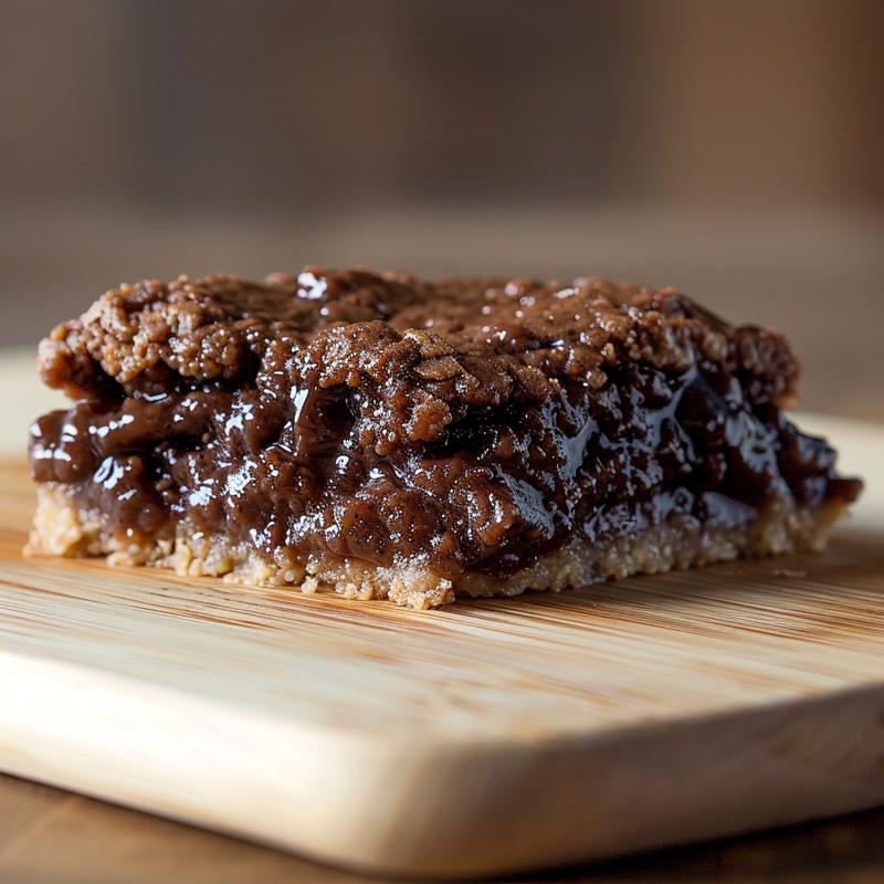Close-up of rich chocolate cobbler on a wooden board, showcasing its glossy texture.