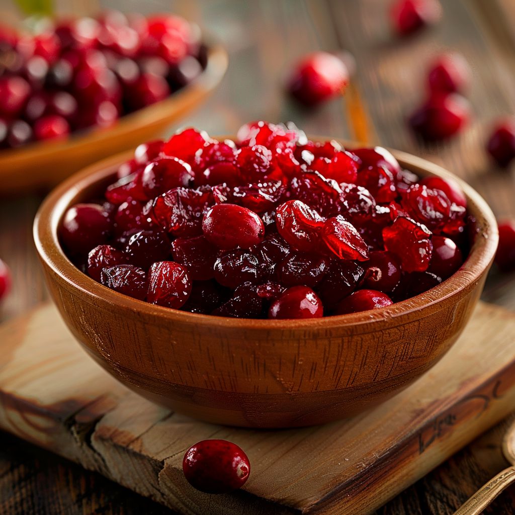 A vibrant assortment of fresh cranberries displayed in a rustic bowl with a blurred background.