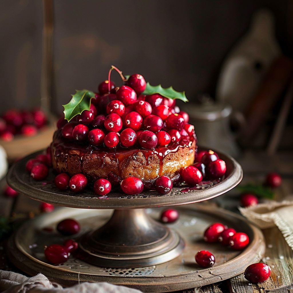 A vibrant dish featuring fresh cranberries, garnished with herbs, presented on a wooden table.
