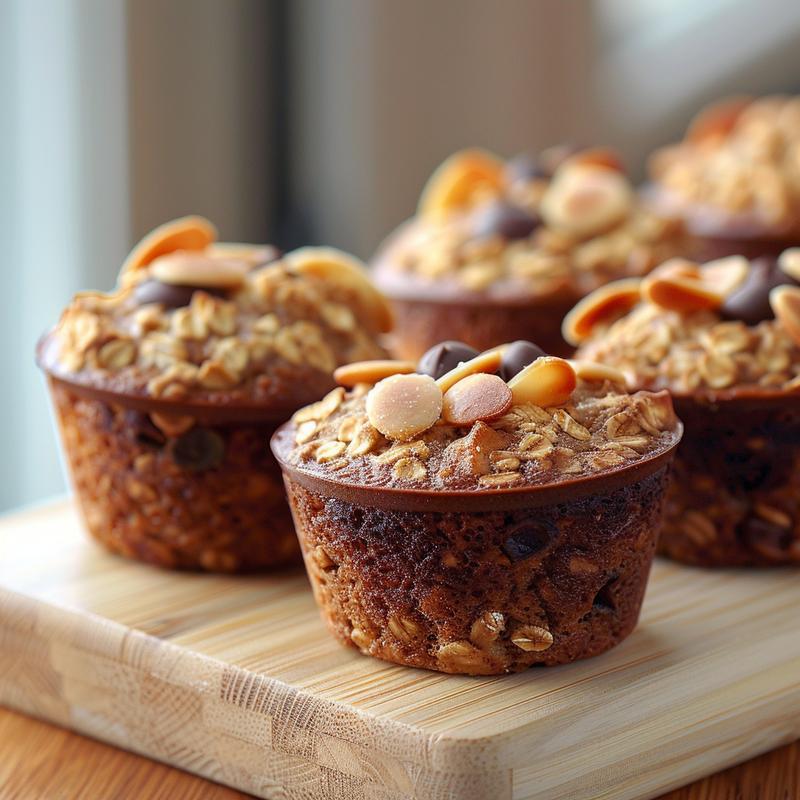 Close-up of four varieties of healthy oatmeal muffins arranged on a natural wood board.