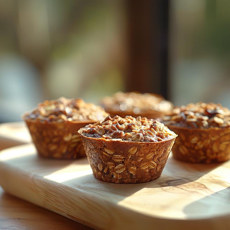 Close-up of baked oatmeal breakfast cups on a light wood board.