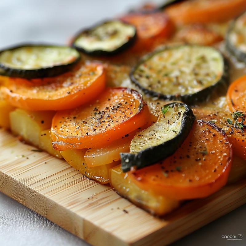 Close-up view of a colorful vegetable bake on a wooden board.
