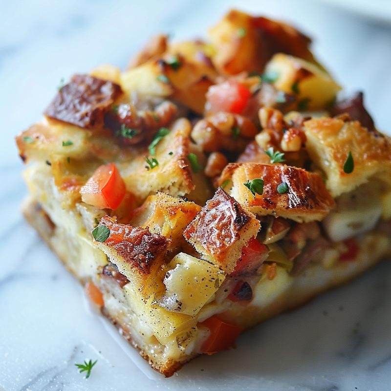 Close-up of a delicious slice of breakfast strata on a marble surface, showcasing its layers and textures.