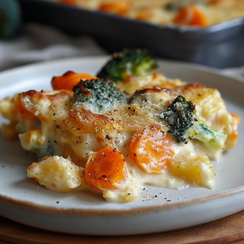 Close-up of a creamy vegetable casserole on a light grey plate.
