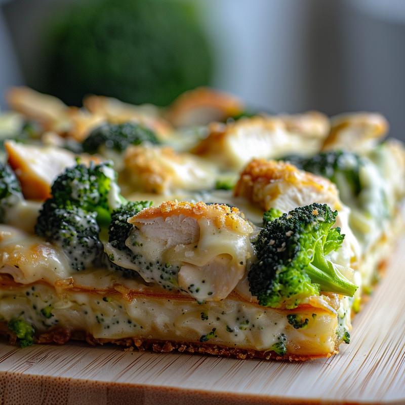Close-up of a creamy keto chicken alfredo and broccoli casserole bake on a wood board.