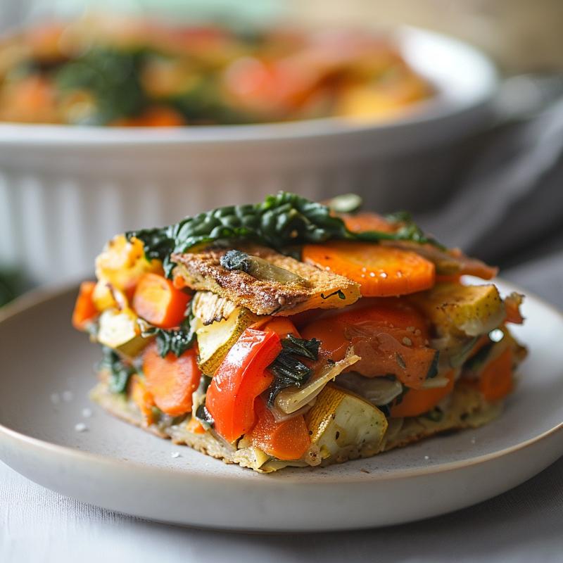 Close-up of a slice of vegetable strata on a grey ceramic plate, showcasing vivid layers of vegetables and cheese.