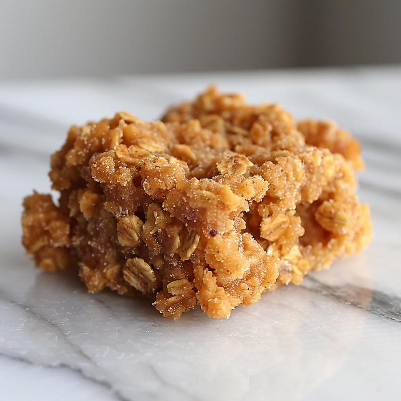 A close-up of baked oatmeal topped with fresh blueberries on a white marble surface.