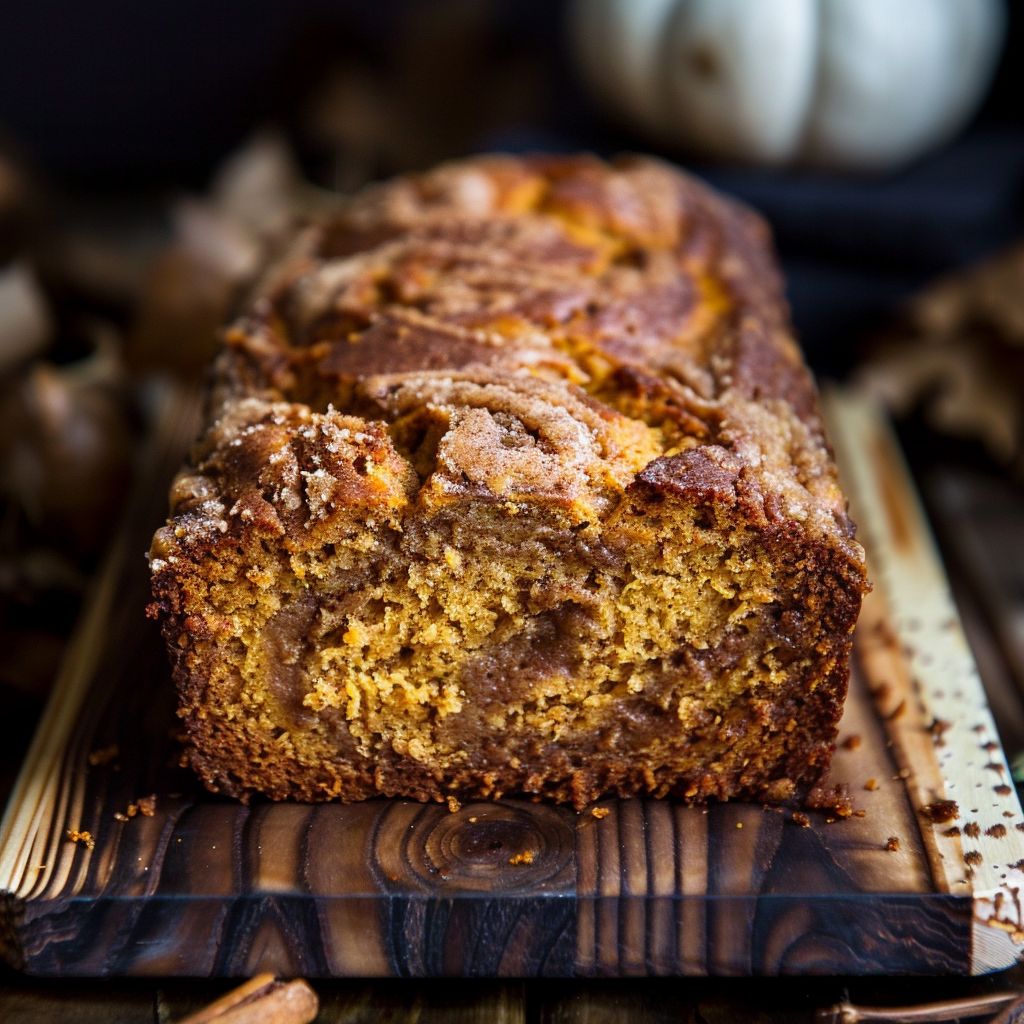 A slice of cinnamon pumpkin bread resting on a wooden board, showcasing its soft texture and rich color.
