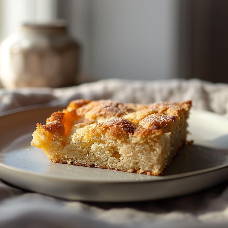 A perfect slice of dump cake presented on a light grey ceramic plate, showcasing its texture.