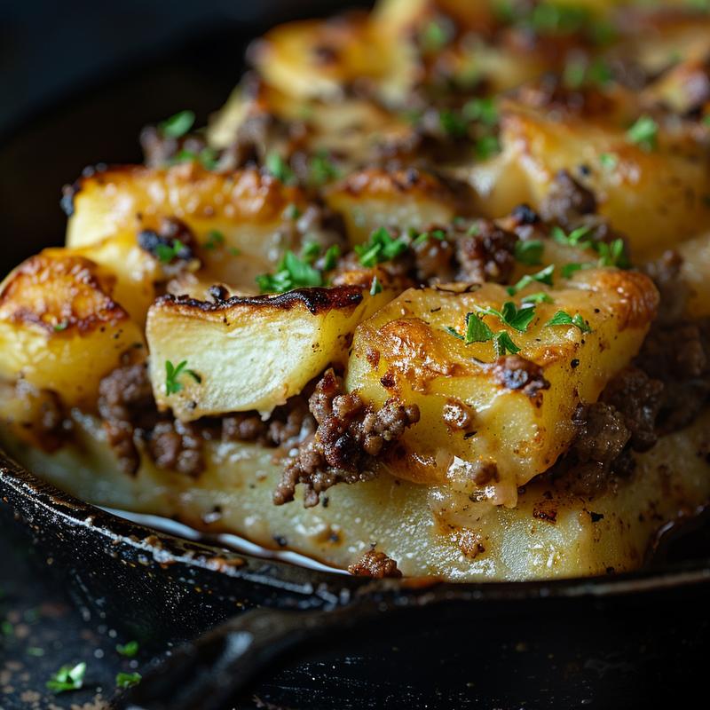 Close-up shot of a hearty ground beef and potatoes casserole on a cast iron surface, showcasing rich textures.