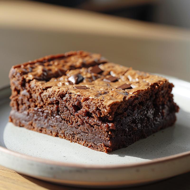 A close-up of a slice of chocolate dump cake on a light grey ceramic plate.