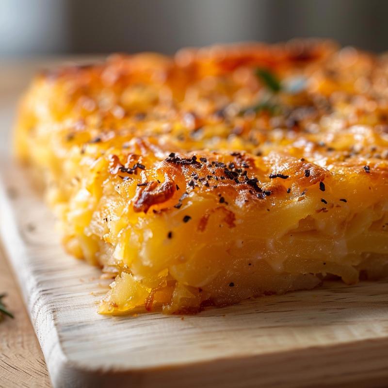 A close-up view of a golden hashbrown casserole on a light wood board, showcasing its crispy texture.