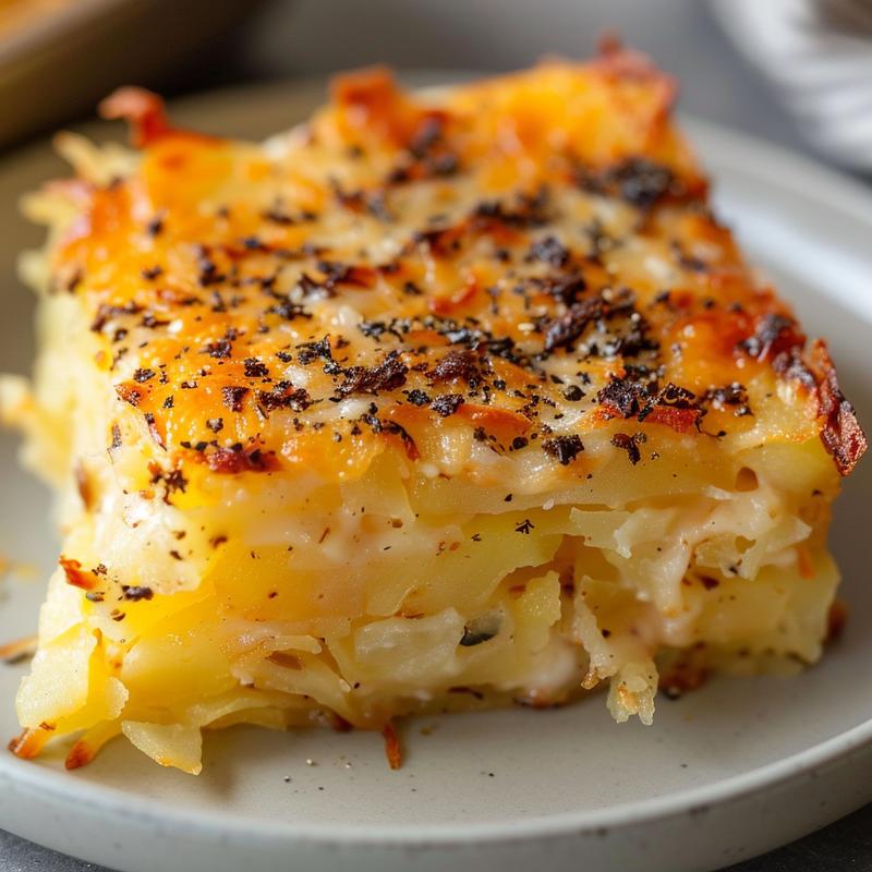 Close-up of a delicious hashbrown casserole on a light grey plate.