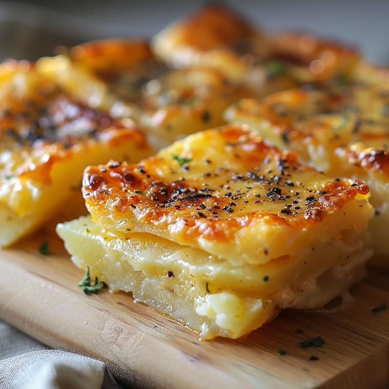 Close-up of a golden-brown portion of million dollar potato casserole on a wooden board.