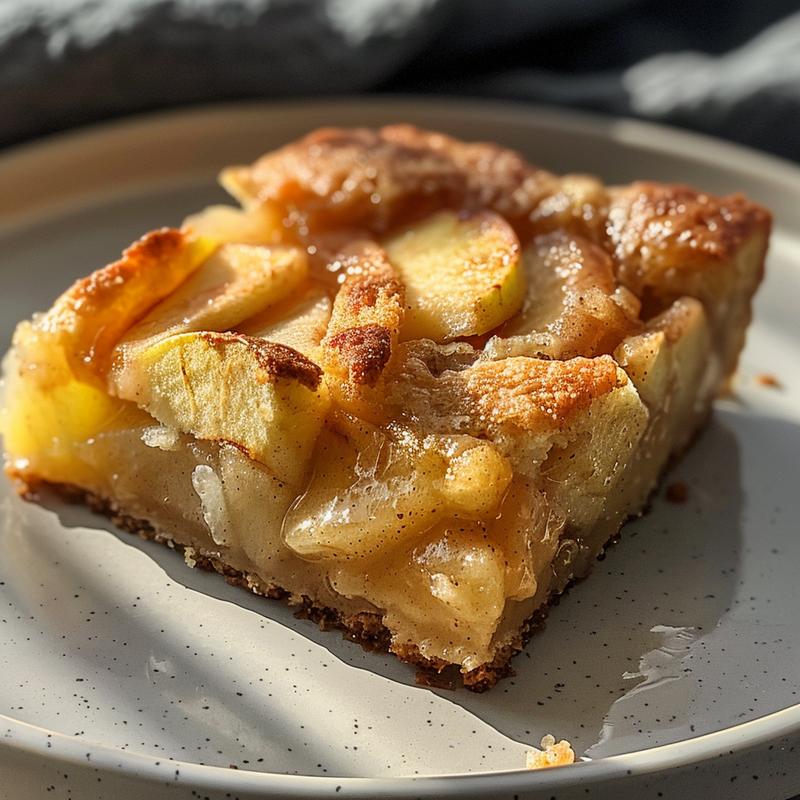 Close-up of a slice of apple dump cake on a light grey ceramic plate, showcasing its texture.