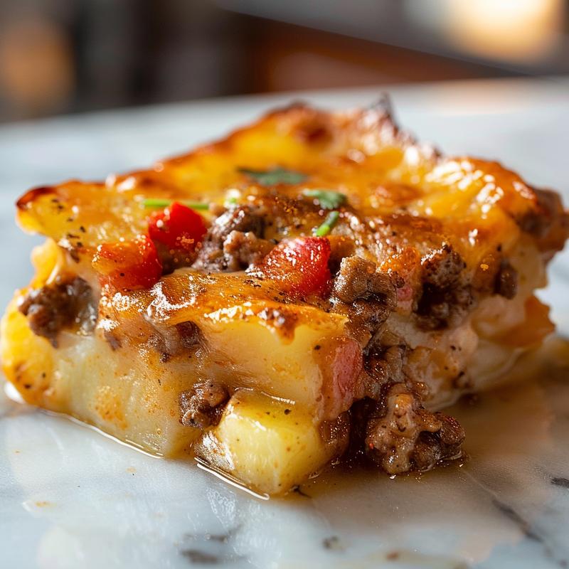 Close-up view of a creamy cowboy potato casserole topped with crispy golden edges on a marble surface.