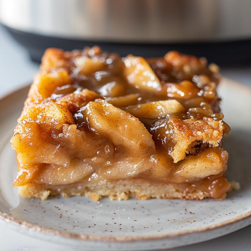 Close-up of a slice of warm caramel apple dump cake served on a plate.
