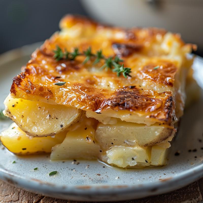 A close-up of a slice of apple dump cake on a light grey ceramic plate with natural lighting.
